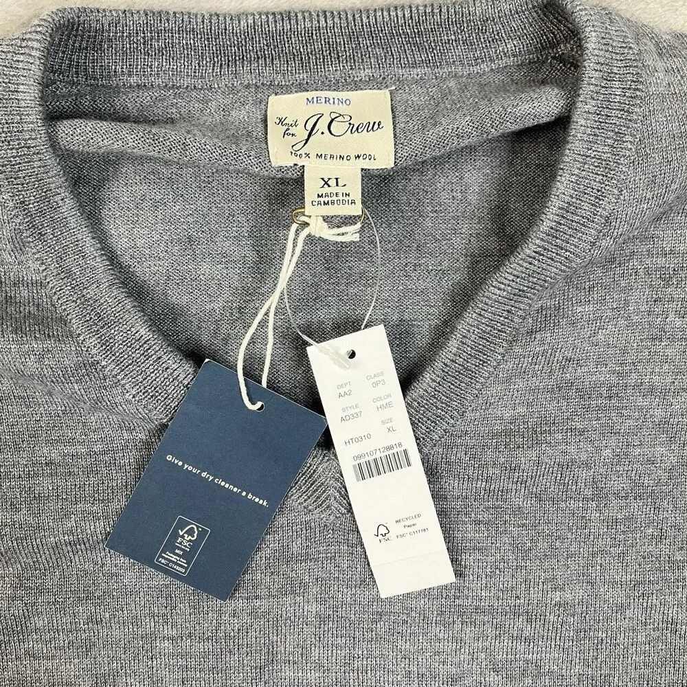 J Crew V Neck Sweater Mens XL 100% Merino Wool Gray Lightweight Preppy AD337